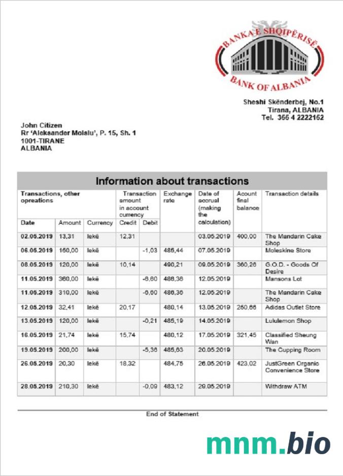Albania Bank of Albania wzór wyciągu bankowego w formacie Excel PDF